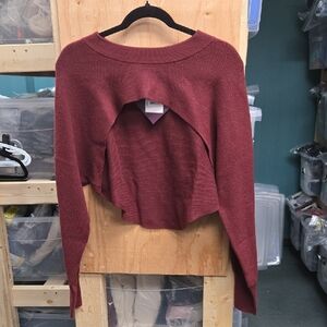 Ava & Viv Size 2X Burgundy Cropped Open Front Long Sleeved Sweater